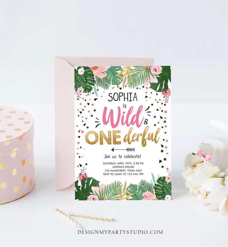 Editable Wild and Onederful Birthday Invitation Girl Wild One Safari Tropical Pink Gold Jungle First Birthday Corjl Template Printable 0332 image 2