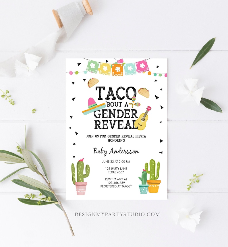 Editable Taco Bout a Gender Reveal Invitation Cactus Mexican Fiesta He or She Boy or Girl Party Download Printable Corjl Template 0161 image 2