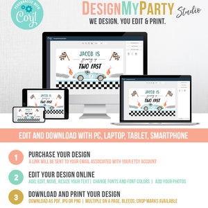Op de afbeelding: Een digitaal ontwerp voor een verjaardagsuitnodiging met een blauwe raceauto met de tekst "Jacob is growing up two fast". Het ontwerp wordt weergegeven op een computerscherm, een tablet en een smartphone. De tekst "DesignMyParty Studio" staat bovenaan de afbeelding.