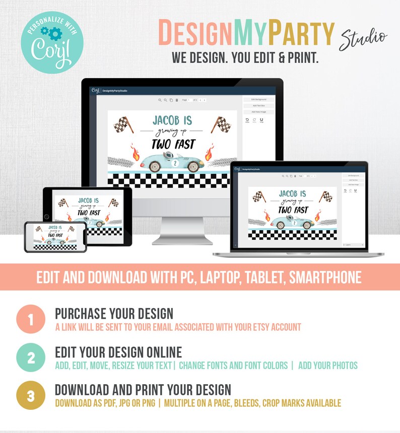 Op de afbeelding: Een digitaal ontwerp voor een verjaardagsuitnodiging met een blauwe raceauto met de tekst "Jacob is growing up two fast". Het ontwerp wordt weergegeven op een computerscherm, een tablet en een smartphone. De tekst "DesignMyParty Studio" staat bovenaan de afbeelding.