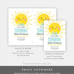 May include: Invitations with a yellow sun design, text "Our little SUNSHINE", and details for a first birthday party. Includes options for printing at home or at a print shop. The invitations are available in letter (8.5 x 11") and A4 sizes.