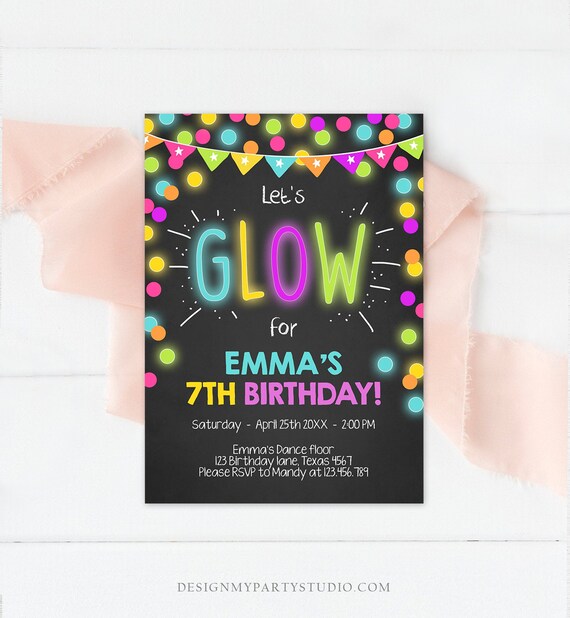 Editable Glow Birthday Invitation Glow Party Invite Neon Glow In The Dark Party Girls Teen Pink Download Printable Template Corjl 0310 Il_570xn