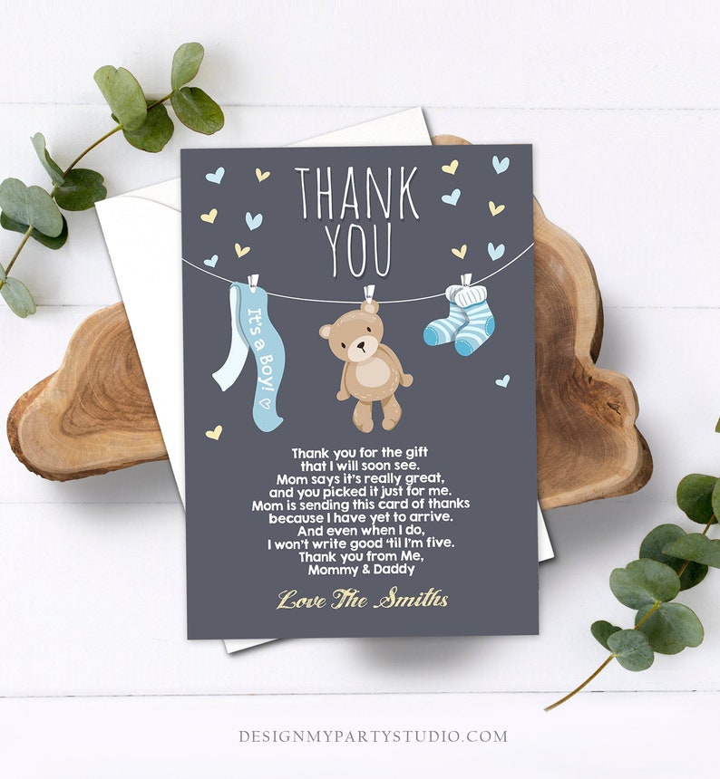 Editable Baby Shower Thank You Card Teddy Bear Thank You Note Etsy