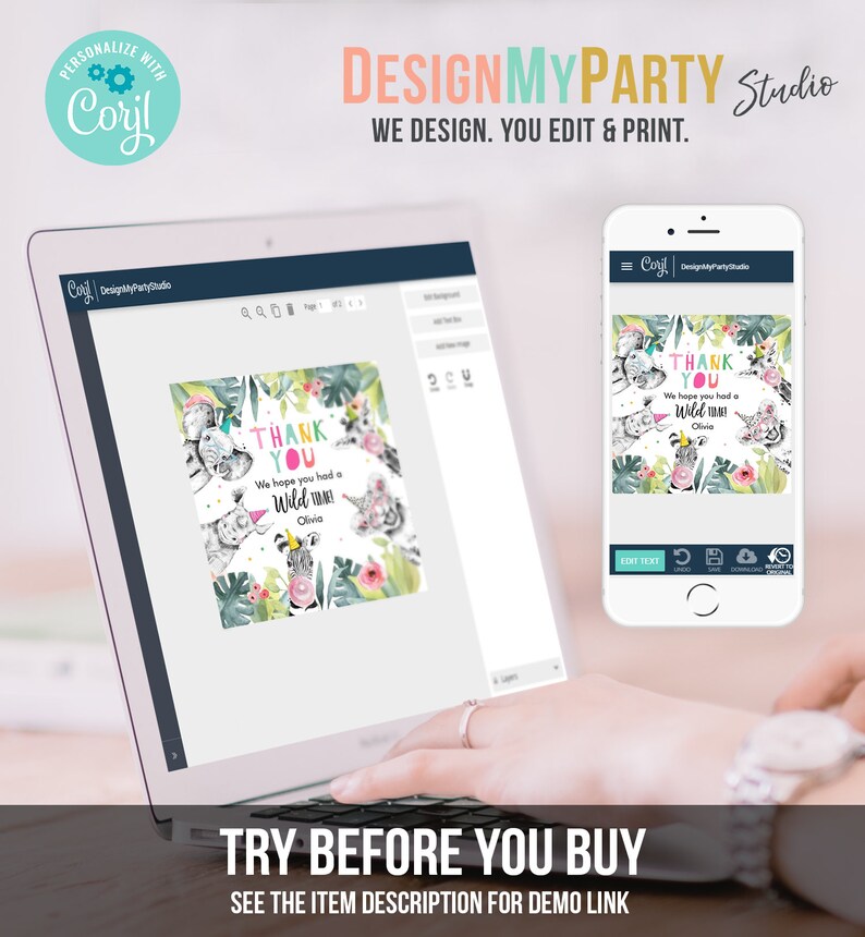 May include: A laptop and smartphone display a party invitation design with a jungle theme. The invitation features watercolor illustrations of animals and the text "THANK YOU, We hope you had a Wild Time!" The design is editable.