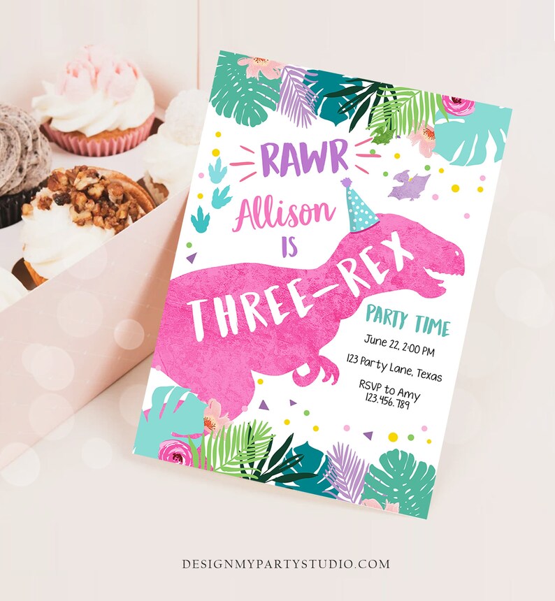 Editable ThreeRex Dinosaur Birthday Invitation Dino TRex Third Birthday 3rd Rawr Girl Pink Dino Prehistoric Printable Corjl