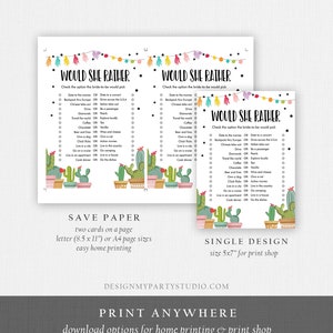 May include: Two printable game cards with a cactus theme. The cards feature the text "Would She Rather" and a list of questions for a bridal shower game. The cards are designed to be printed on A4 or letter size paper. The text "Save Paper" and "Single Design" is also included on the cards.