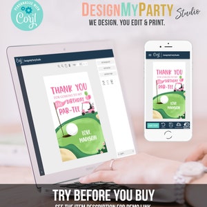 May include: A digital design template for a golf-themed birthday party invitation. The invitation features a golf cart, golf ball, and the text "Thank you for coming to my 1st Birthday Par-Tee." The text "Love, Madison" is also included.
