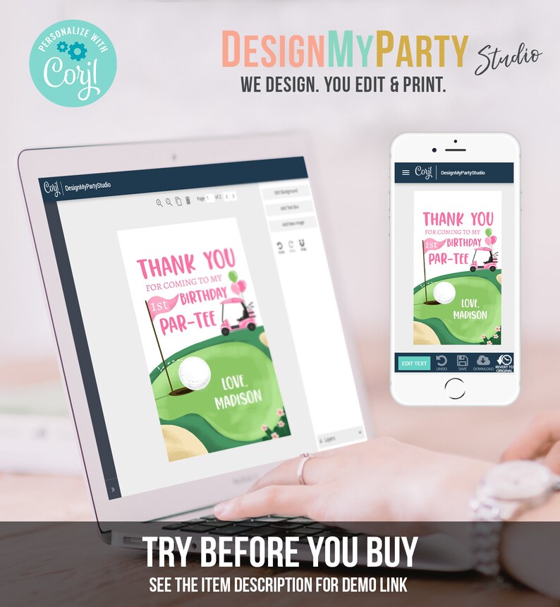 May include: A digital design template for a golf-themed birthday party invitation. The invitation features a golf cart, golf ball, and the text "Thank you for coming to my 1st Birthday Par-Tee." The text "Love, Madison" is also included.