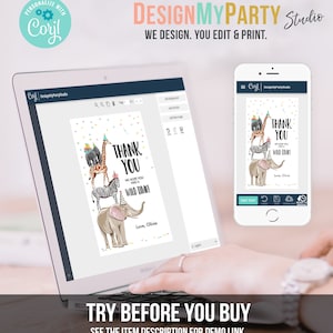 May include: A computer screen displaying a thank you card template with a stack of animals wearing party hats. The card says "Thank You" and "We hope you had a wild time!" The text is customizable. The screen is on a desk with a hand hovering over the keyboard. The text "Try Before You Buy" is displayed below the screen.