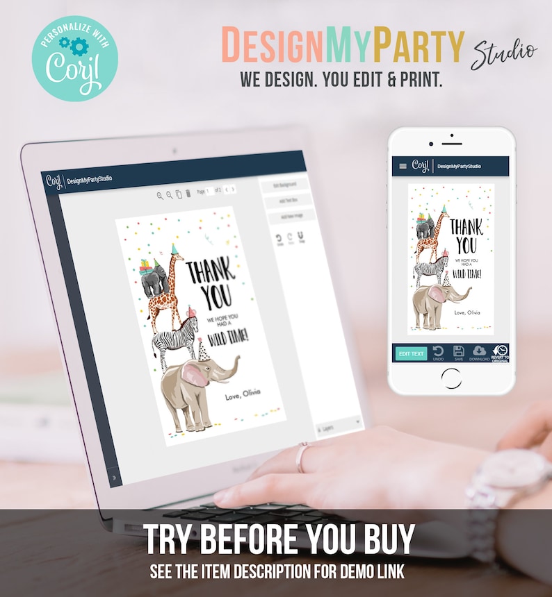 May include: A computer screen displaying a thank you card template with a stack of animals wearing party hats. The card says "Thank You" and "We hope you had a wild time!" The text is customizable. The screen is on a desk with a hand hovering over the keyboard. The text "Try Before You Buy" is displayed below the screen.