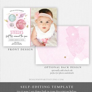 Editable Outer Space Girl First Birthday Invitation Galaxy Blast Off First Trip Around the Sun Pink Download Printable Template Corjl 0357 image 6