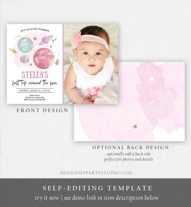 Editable Outer Space Girl First Birthday Invitation Galaxy Blast Off First Trip Around the Sun Pink Download Printable Template Corjl 0357 image 6