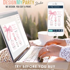May include: A pink and white printable first birthday sign with a large pink bow and the text "Allison's First Birthday". The sign also includes a list of facts about the birthday girl, such as her weight and length at birth, her favorite foods, and her first tooth.