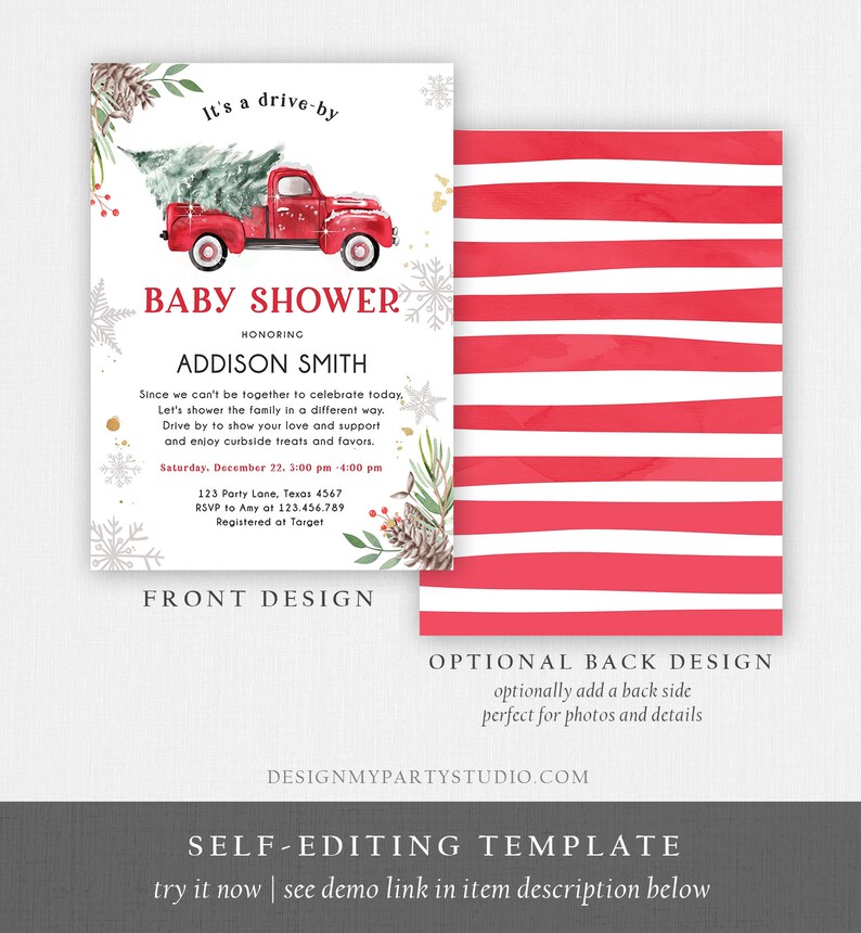 Editable Winter Drive by Baby Shower Invitation Red Truck Baby Etsy