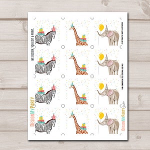 May include: Printable party favor tags featuring a zebra, giraffe, and elephant with a birthday hat and presents. The tags are designed with a white background and colorful confetti. The text "We design, you edit & print." is at the top of the page.