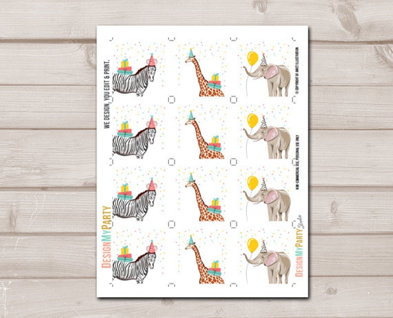 May include: Printable party favor tags featuring a zebra, giraffe, and elephant with a birthday hat and presents. The tags are designed with a white background and colorful confetti. The text "We design, you edit & print." is at the top of the page.