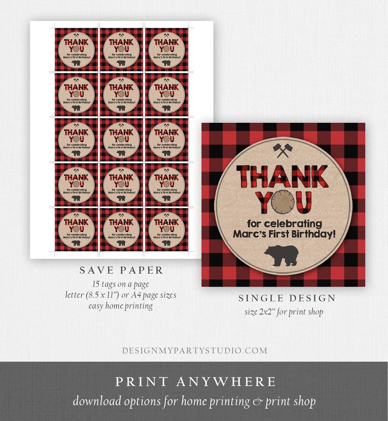 Editable Lumberjack Favor Tags Thank you Lumberjack Birthday Round tag Sticker Label Baby shower Woodland Bear template PRINTABLE Corjl 0026 image 4