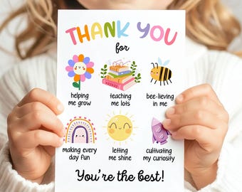 Afdrukbare bedankkaart leraar waarderingskaart cadeaukaartje voorschoolse kinderopvang beste leraar plat opvouwbare digitale afdrukbare direct downloaden