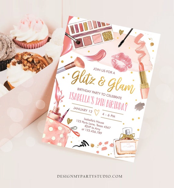 Editable Glitz and Glam Birthday Party Invitation Spa Party Makeup