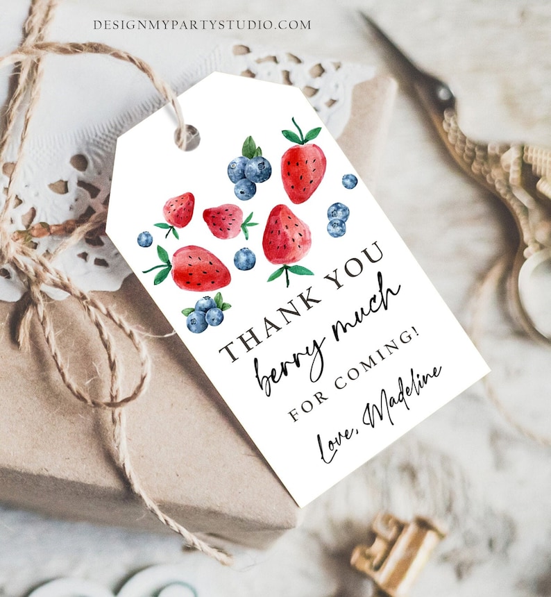 May include: White thank you tag with a watercolor illustration of strawberries and blueberries. The text reads "Thank you berry much for coming! Love, Madeline".
