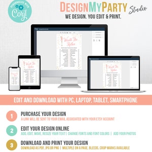 May include: A digital mockup of a printable "Would She Rather" game for a bridal shower. The game is shown on a computer screen, tablet, and smartphone. The game features a pink and gold color scheme with a champagne glass graphic. The text "DESIGNMYPARTY Studio" is at the top of the image.