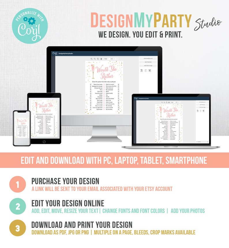 May include: A digital mockup of a printable "Would She Rather" game for a bridal shower. The game is shown on a computer screen, tablet, and smartphone. The game features a pink and gold color scheme with a champagne glass graphic. The text "DESIGNMYPARTY Studio" is at the top of the image.