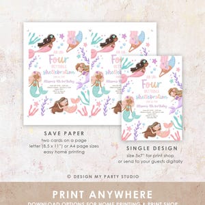 May include: Printable invitation for a mermaid-themed birthday party. The invitation features a pink, purple, and blue color scheme with illustrations of mermaids, seashells, and seaweed. The text on the invitation reads "An Un-Gettable Shellebration" and "Allison's 4th Birthday".