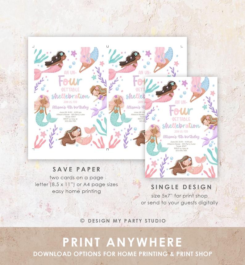 May include: Printable invitation for a mermaid-themed birthday party. The invitation features a pink, purple, and blue color scheme with illustrations of mermaids, seashells, and seaweed. The text on the invitation reads "An Un-Gettable Shellebration" and "Allison's 4th Birthday".