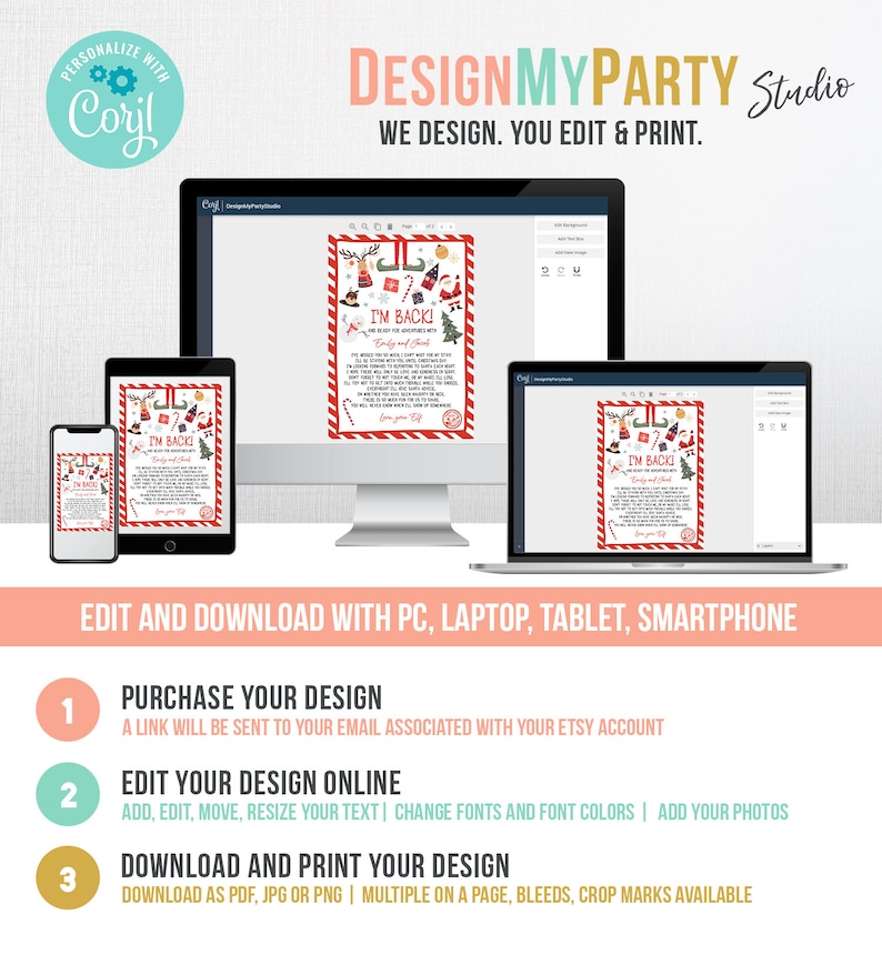 May include: A digital design displayed on a smartphone, tablet, laptop, and desktop computer. The design features a Christmas-themed letter with the text "I'M BACK!" and festive illustrations. The image also includes instructions for editing and downloading.