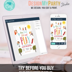 Puede incluir: Un port&aacute;til y un smartphone que muestran una colorida invitaci&oacute;n de cumplea&ntilde;os. La invitaci&oacute;n presenta el texto "Run, Climb, Slide and PLAY" con ilustraciones de ni&ntilde;os jugando. La pantalla del port&aacute;til muestra la interfaz de dise&ntilde;o.