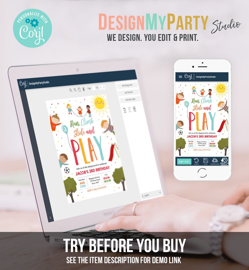 Puede incluir: Un port&aacute;til y un smartphone que muestran una colorida invitaci&oacute;n de cumplea&ntilde;os. La invitaci&oacute;n presenta el texto "Run, Climb, Slide and PLAY" con ilustraciones de ni&ntilde;os jugando. La pantalla del port&aacute;til muestra la interfaz de dise&ntilde;o.