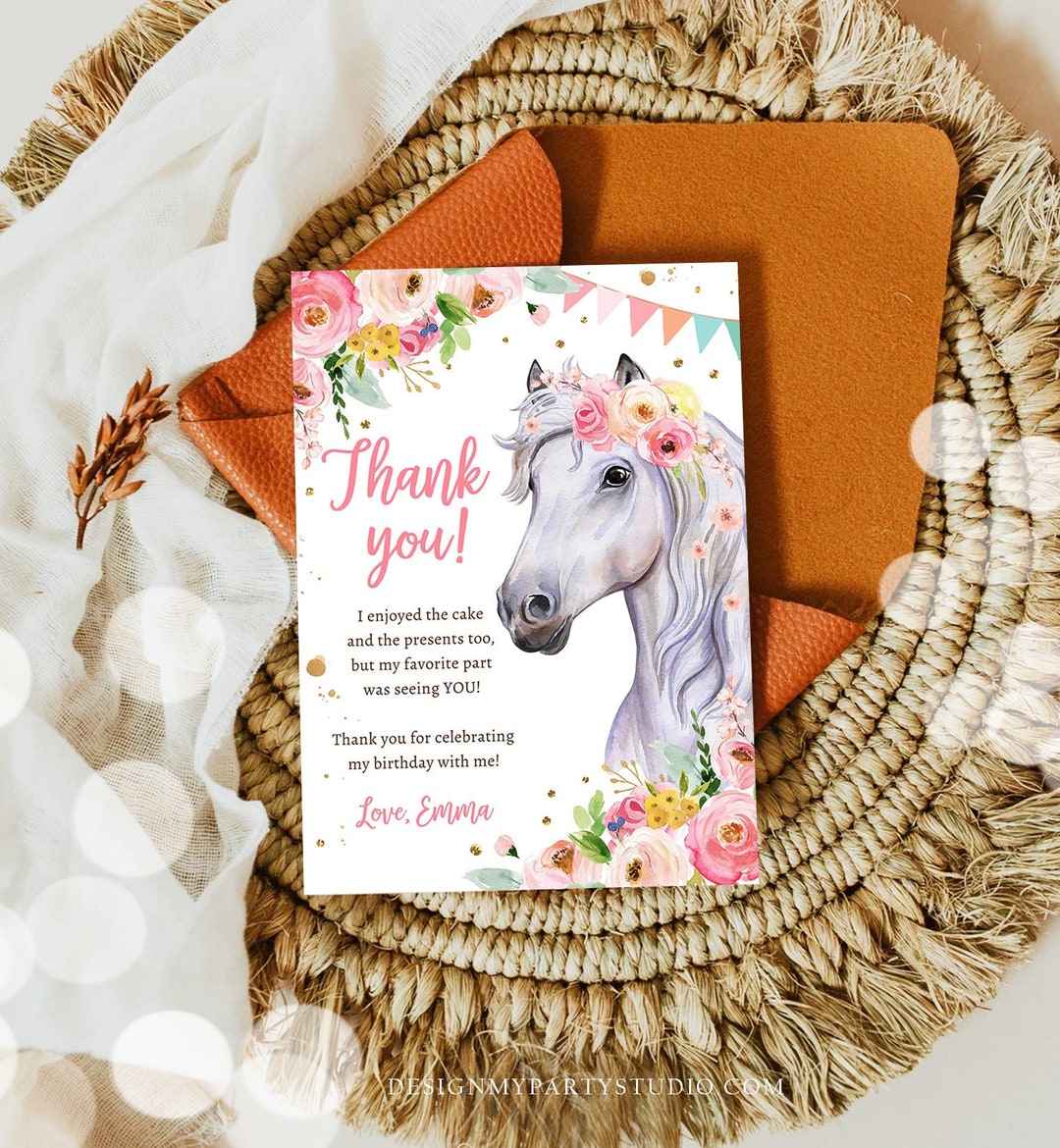 Editable Horse Thank You Card Note Girl Birthday Party Cowgirl ...
