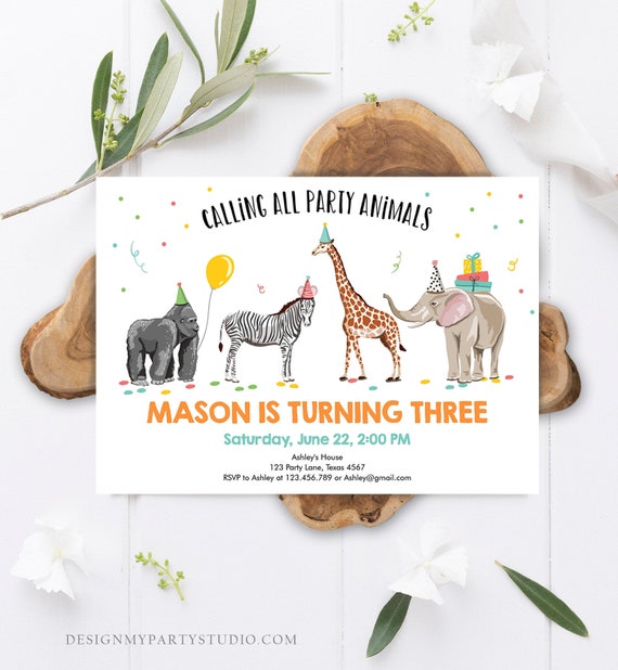 Editable Party Animals Birthday Invitation Wild One Animals Invitation