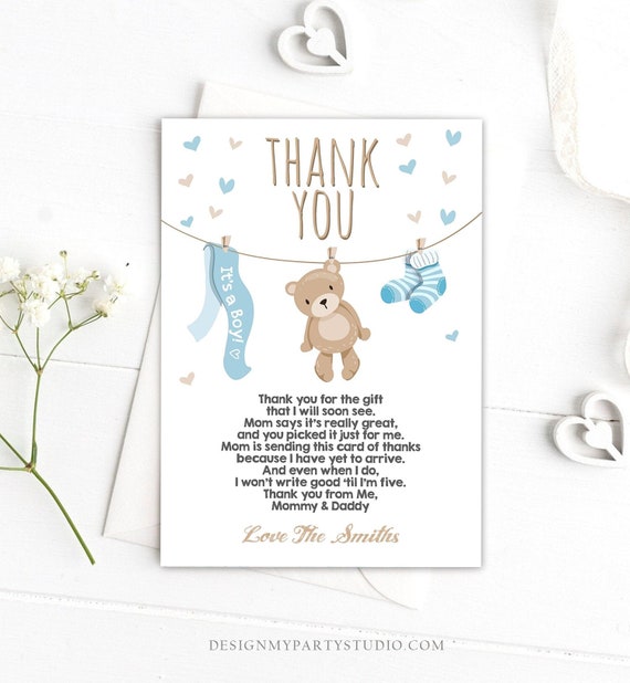Editable Teddy Bear Thank You Card Baby Shower Thank You Note Boy Blue Woodland Animals Digital Download Template Printable 0025