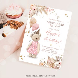May include: A pink and brown teddy bear wearing a pink dress and a party hat holds balloons. The invitation reads "You're invited to a Teddy Bear Picnic to celebrate Alyssa's 6th birthday!" with details for the event.