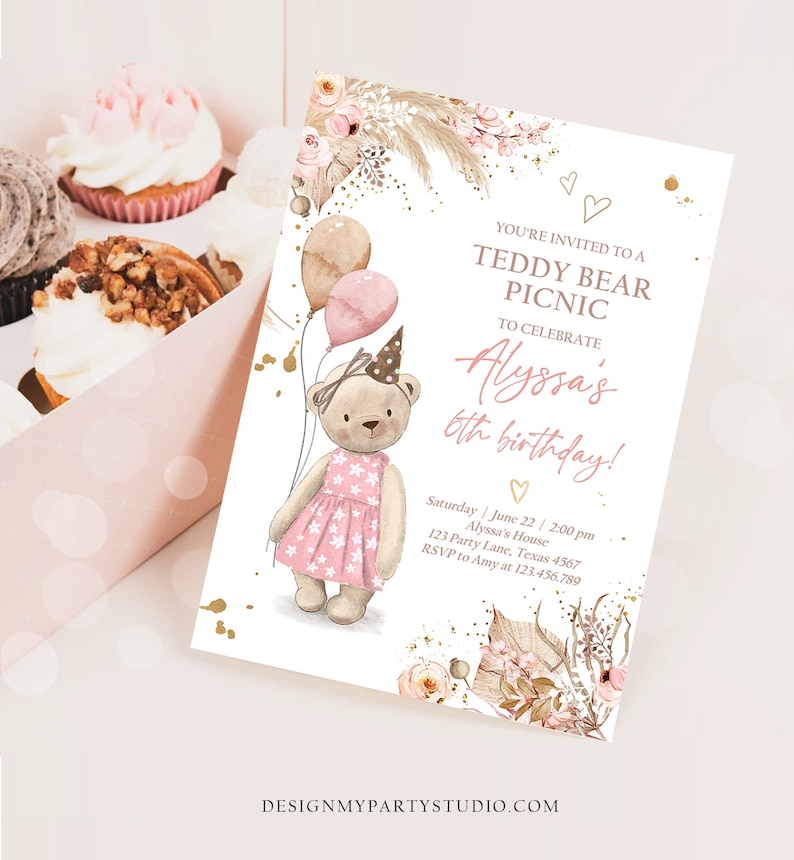 May include: A pink and brown teddy bear wearing a pink dress and a party hat holds balloons. The invitation reads "You're invited to a Teddy Bear Picnic to celebrate Alyssa's 6th birthday!" with details for the event.