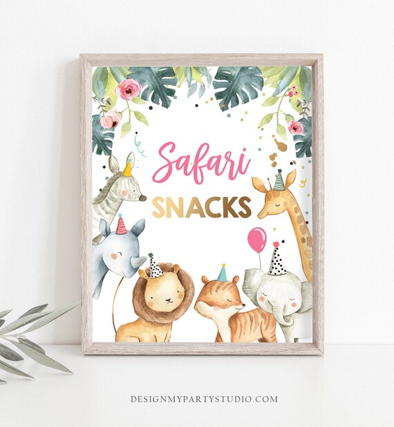 Safari Snacks Birthday Sign Table Decor Safari Birthday Wild One Animals Black and Gold Pink Girl Food Zoo Party Jungle PRINTABLE 0163 Il_570xn