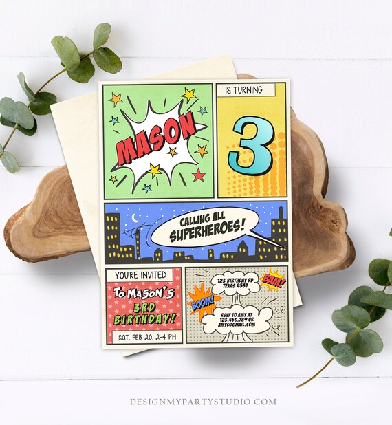 Editable Superheroes Birthday Invitation Superhero Birthday Invite Boy Comic Book Hero Calling All Download Printable Corjl Template 0300 Il_570xn