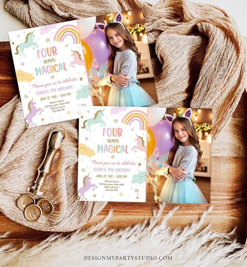 Editable Unicorn 4th Birthday Invitation Four Ever Magical Party Girl ...