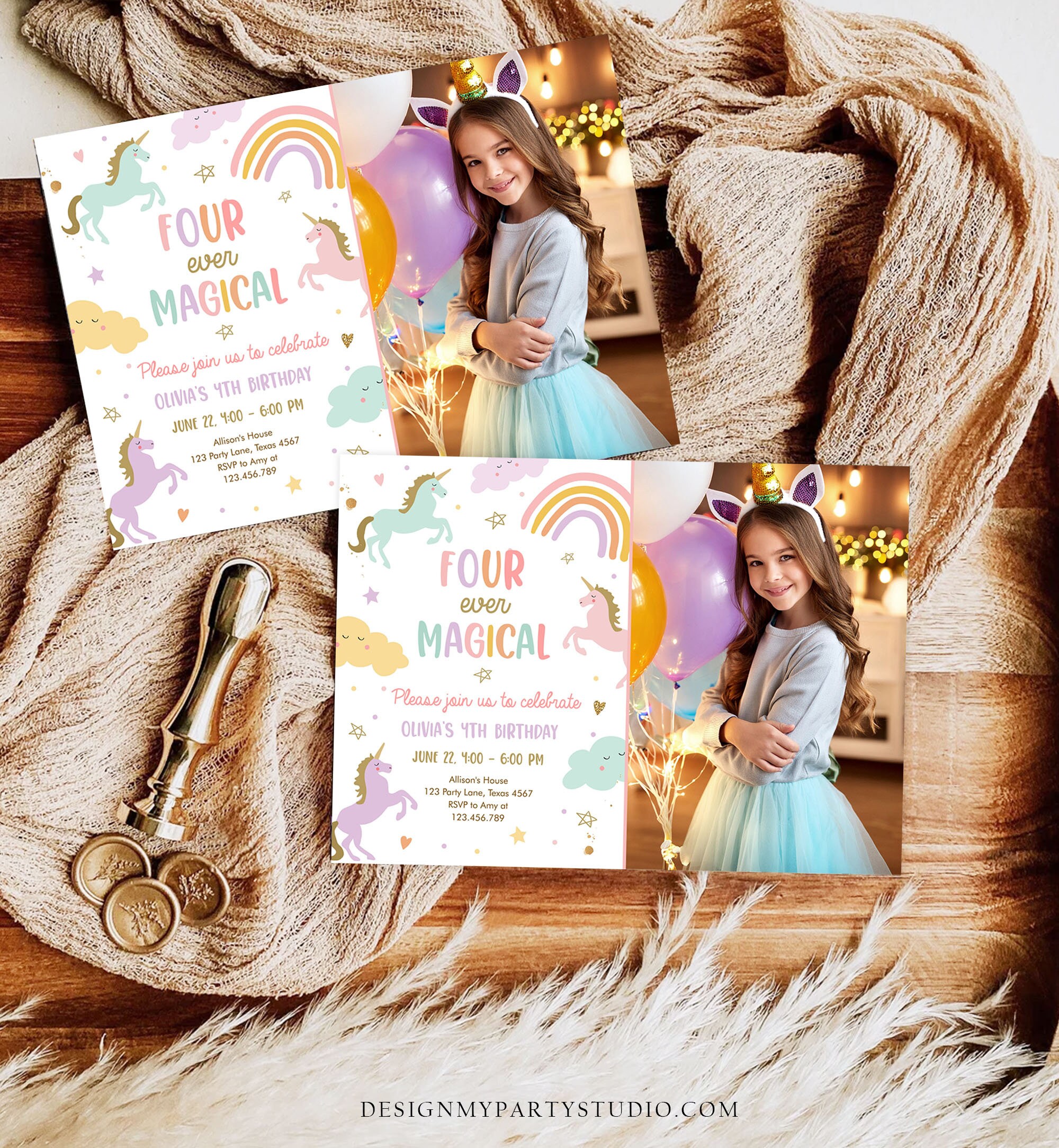 Editable Unicorn 4th Birthday Invitation Four Ever Magical Party Invite ...