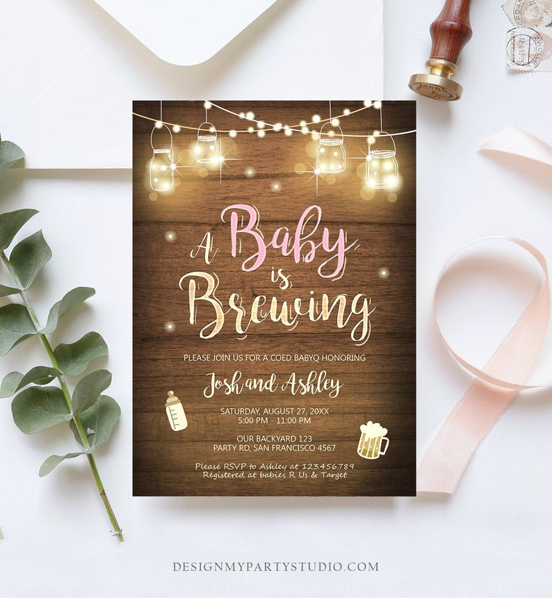 Editable A Baby is Brewing Invitation Bottle and Beers Baby Shower BaByQ BBQ Coed Couples Shower Girl Download Printable Template Corjl 0015 image 2