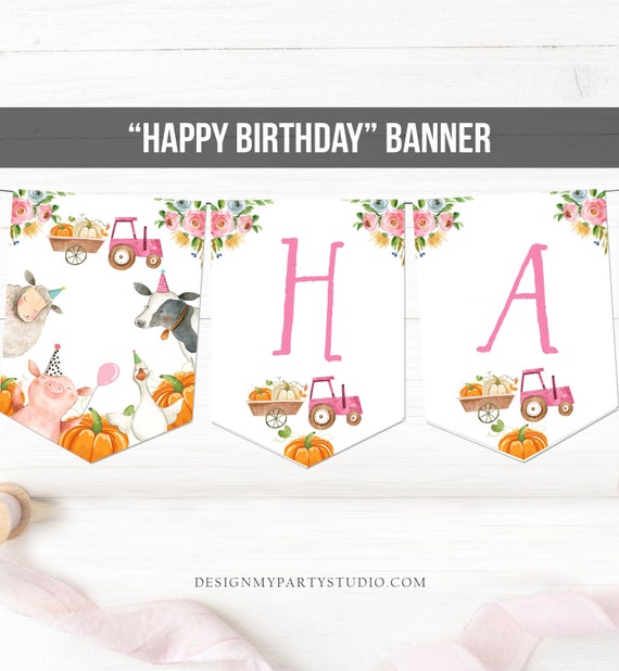 Happy Birthday Banner Pumpkin Farm Birthday Banner Farm Animals Girl Pink Barnyard Birthday Decor Download PRINTABLE DIGITAL DIY 0155 Il_570xn