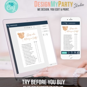 May include: A digital screen displaying a printable baby shower game with a brown bear balloon and the text "Guess who, Mommy or Daddy?" The game features a list of questions about pregnancy and childbirth with checkboxes for "Mommy" or "Daddy".