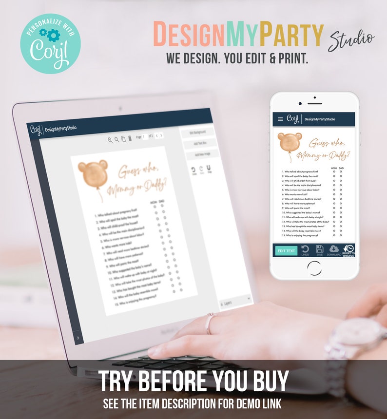 May include: A digital screen displaying a printable baby shower game with a brown bear balloon and the text "Guess who, Mommy or Daddy?" The game features a list of questions about pregnancy and childbirth with checkboxes for "Mommy" or "Daddy".