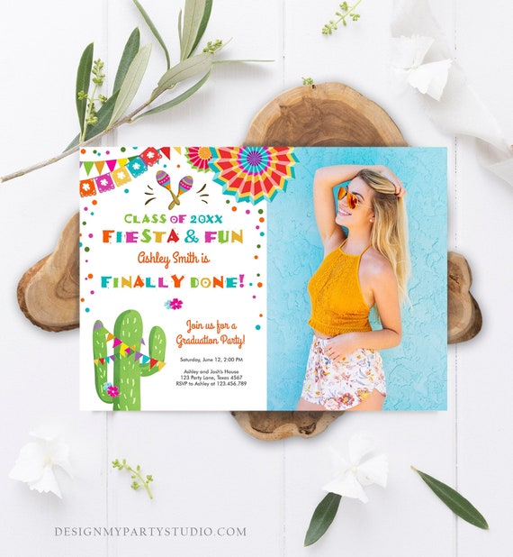 Editable Fiesta and Fun Graduation Party Invitation Finally Done Let's Fiesta Mexican High School College Degree Diploma Corjl Template 0045 Il_570xn