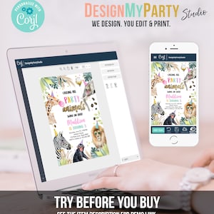 May include: A digital design for a party invitation featuring a jungle theme with a giraffe, zebra, monkey, and lion. The text reads "Calling all party animals swing on over" and "Maddison is turning 3".