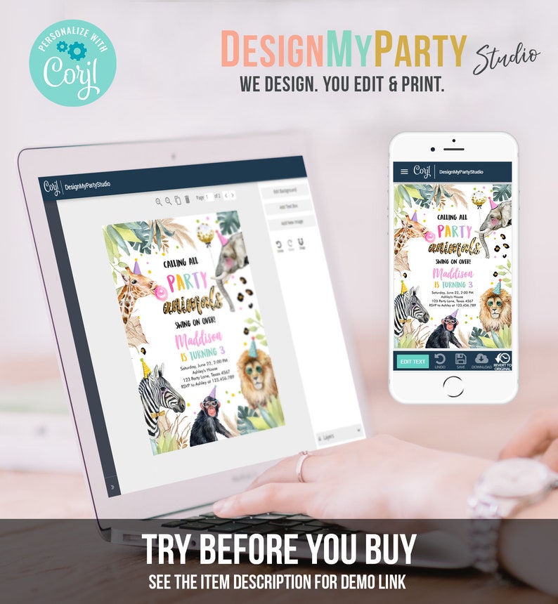 May include: A digital design for a party invitation featuring a jungle theme with a giraffe, zebra, monkey, and lion. The text reads "Calling all party animals swing on over" and "Maddison is turning 3".
