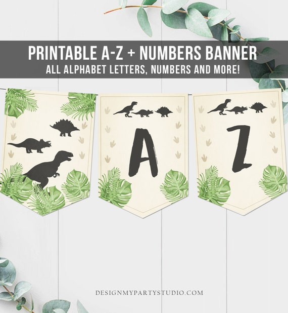 dinosaur birthday banner a z alphabet numbers banner first happy birthday banner boy t rex dino prehistoric decor download printable 0043 by design my party studio catch my party
