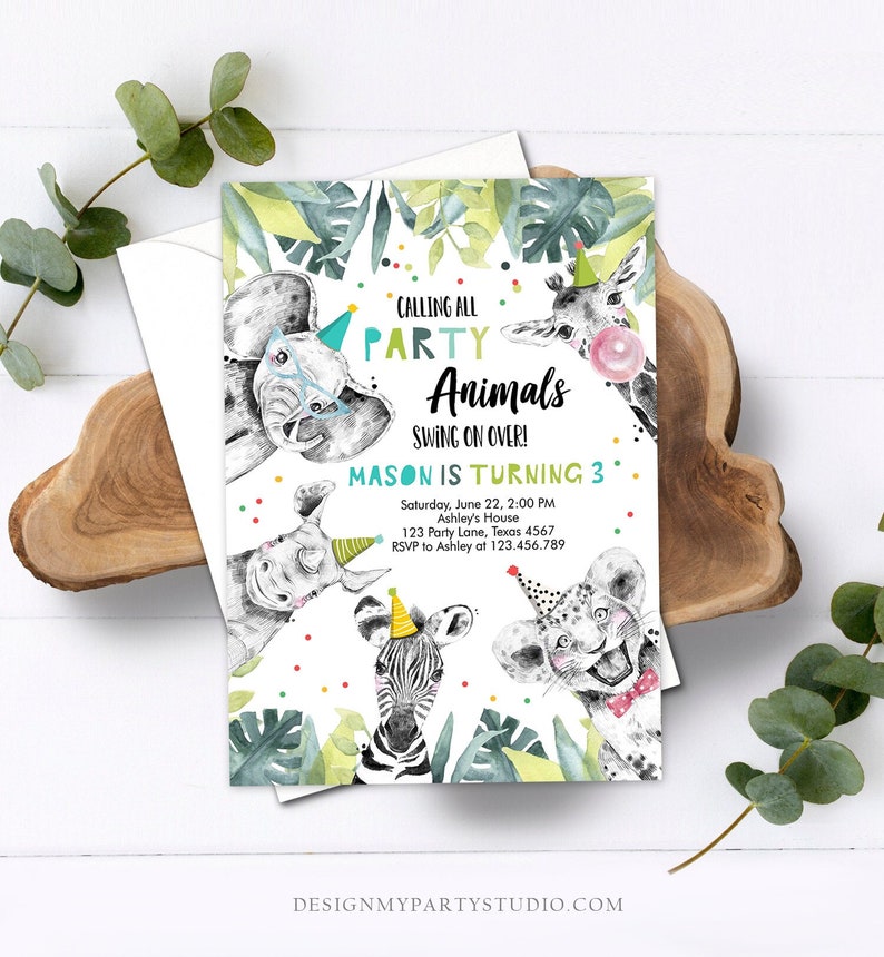 May include: A jungle-themed birthday party invitation with colorful confetti and a variety of animals including an elephant, giraffe, zebra, and leopard. The text reads "Calling all Party Animals Swing on Over! Mason is turning 3. Saturday, June 22, 2:00 PM Ashley's House 123 Party Lane, Texas 4567 RSVP to Ashley at 123.456.789"
