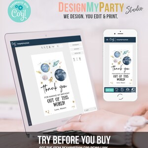 May include: A computer screen displaying a thank you card template with a blue and gold space theme. The text on the card reads "Thank you for making my birthday out of this world! Love, Mason".